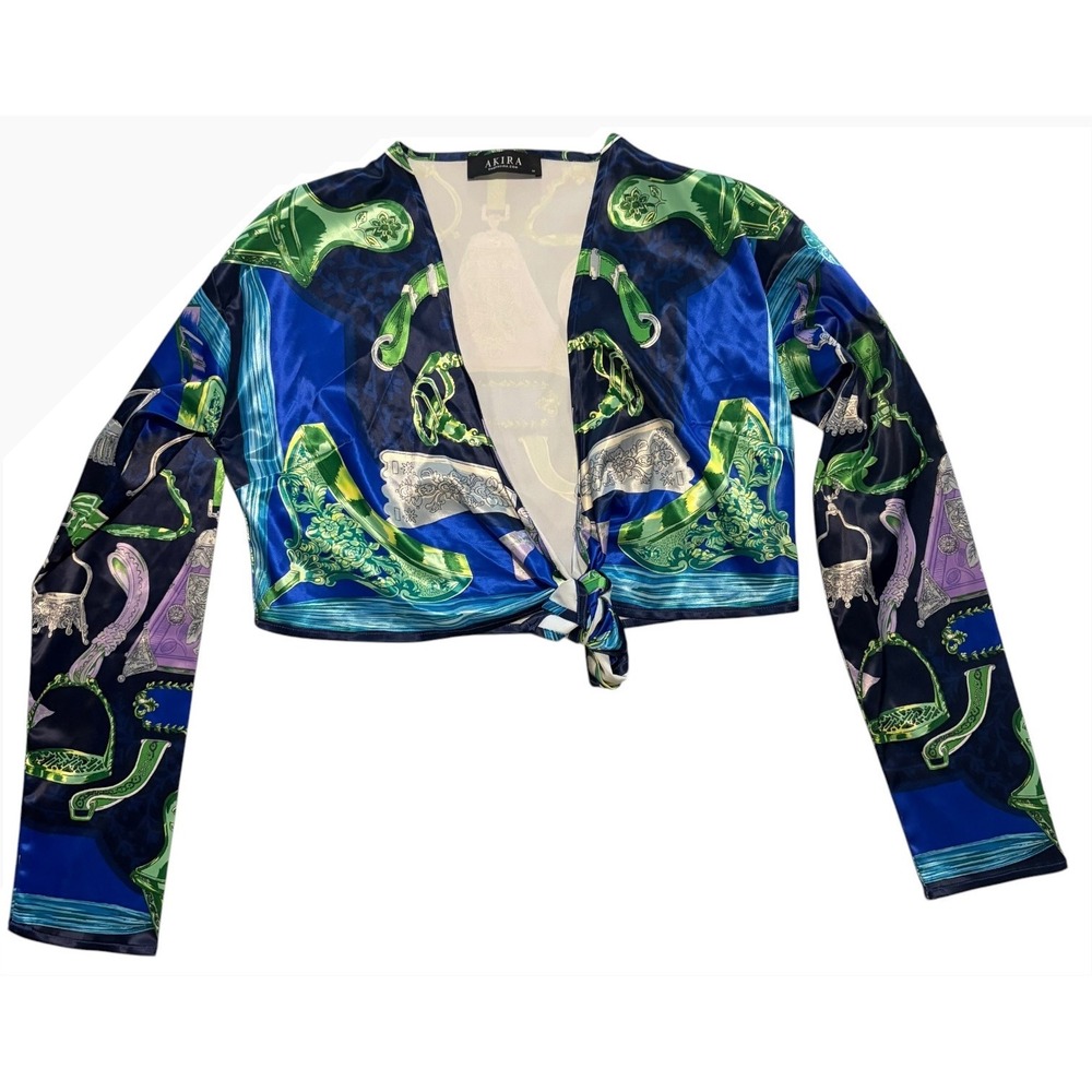 AKIRA Satin Tie Front Crop Top Blouse Blue Green Baroque Print Women's Medium‎